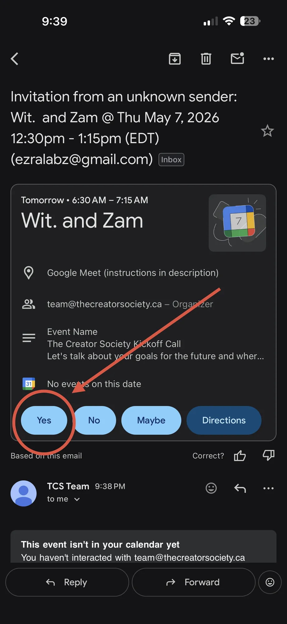 Calendar invite for your call — tap accept